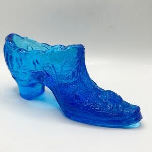 Vintage Fenton Cobalt Blue Rose Glass Shoe Slipper Boot EUC